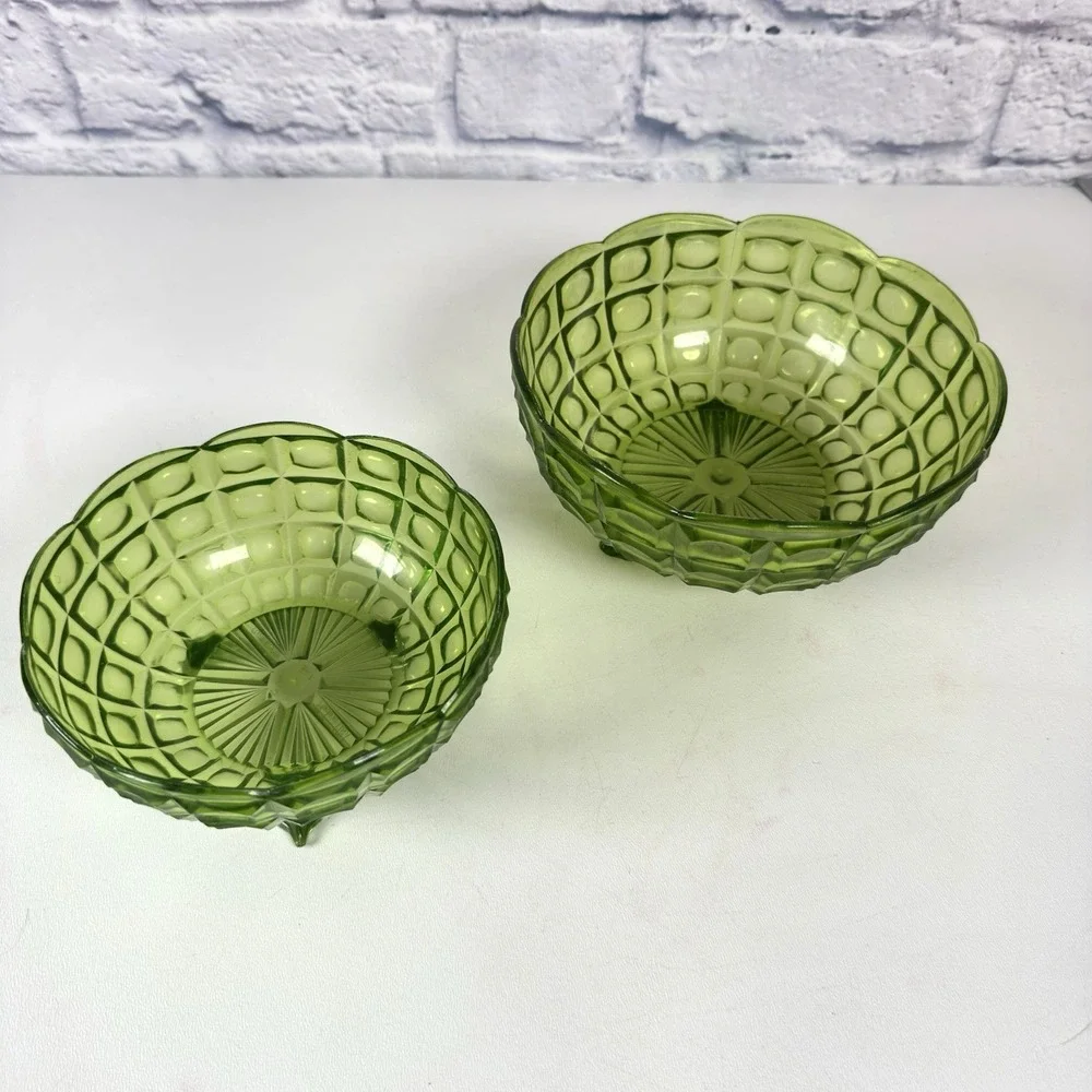 Vtg REGALINE Bowl Dish Set 2 Green Footed Acrylic Block Pattern Mid Century MCM
